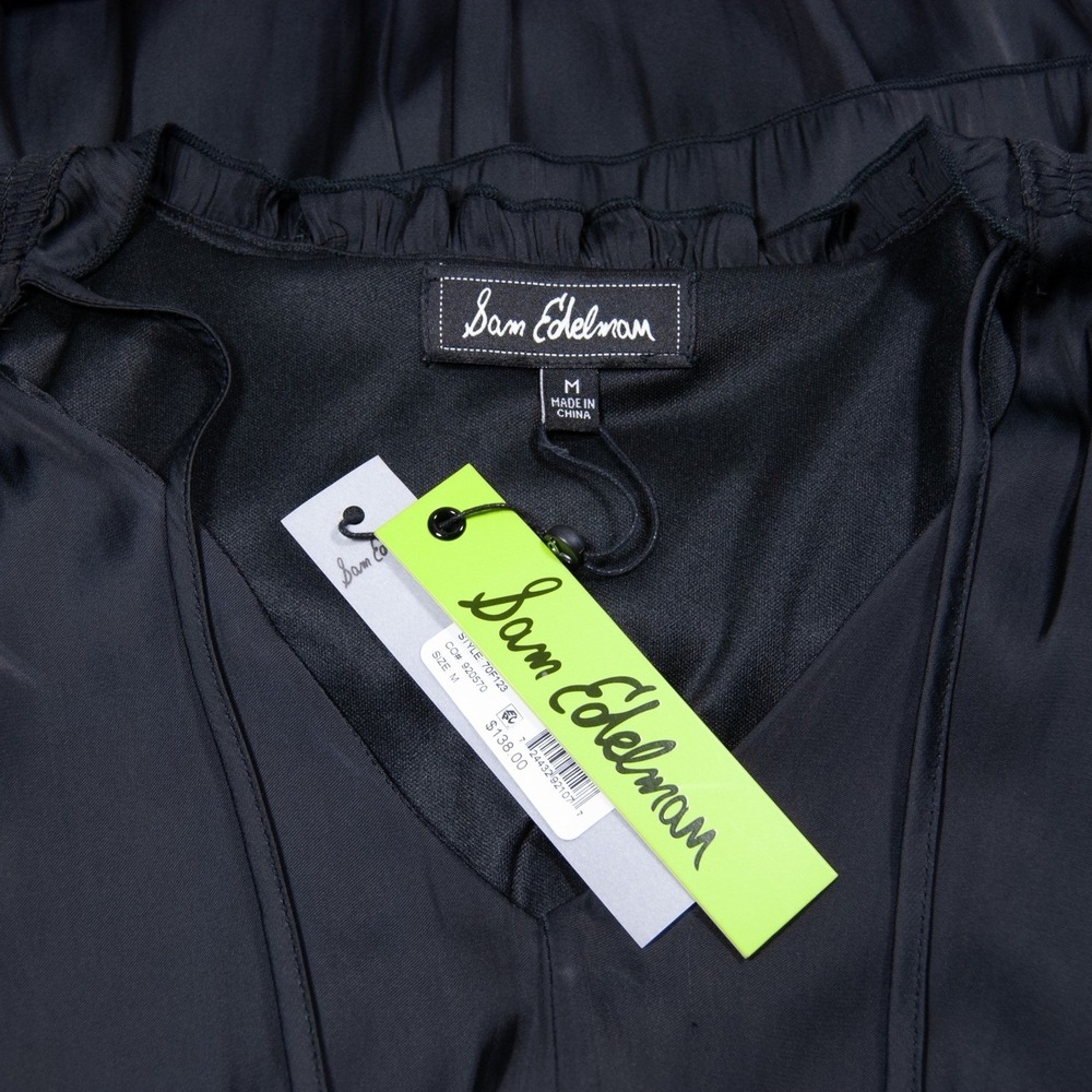 Sam Edelman Black Tiered Mini Dress Smocked Waist V Neck Women's Medium M - Picture 3 of 9